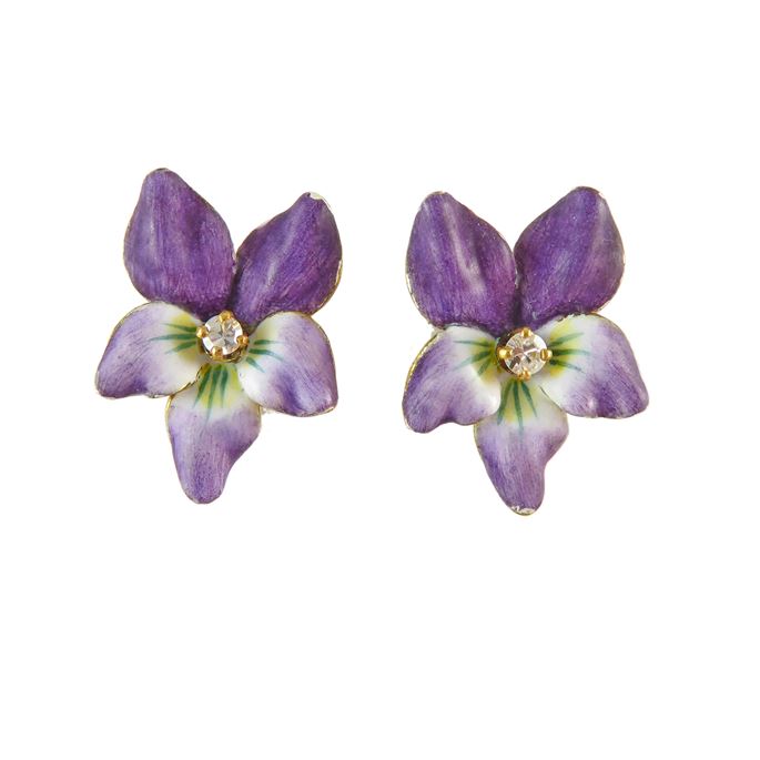 Pair of antique enamel and diamond violet stud earrings, c.1900, each formed of a naturalistic flowerhead in dark purple enamel, | MasterArt